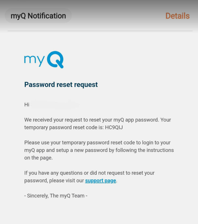 password reset email