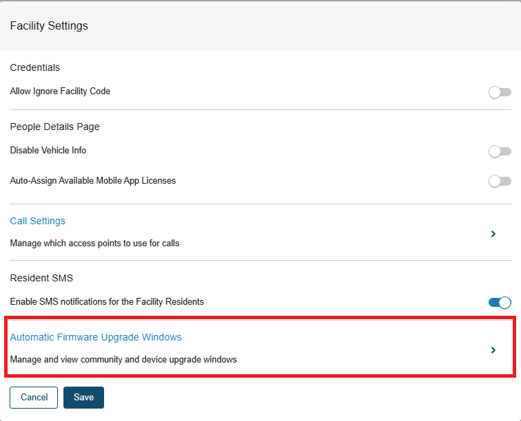 Facility Settings menu with 'Automatic Firmware Upgrade Windows' highlighted.