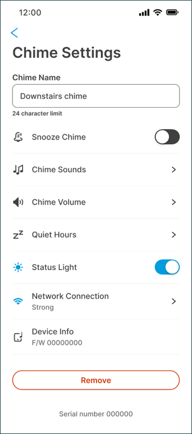Wireless Chime settings screen in myQ app