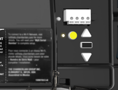 Garage door opener showing the LEARN button and LED indicator location, LED not lit