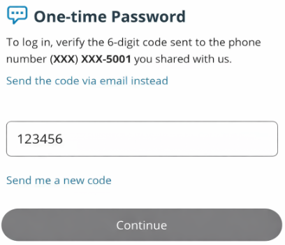 Pop-up in the myQ app prompting for the six-digit code sent to your phone