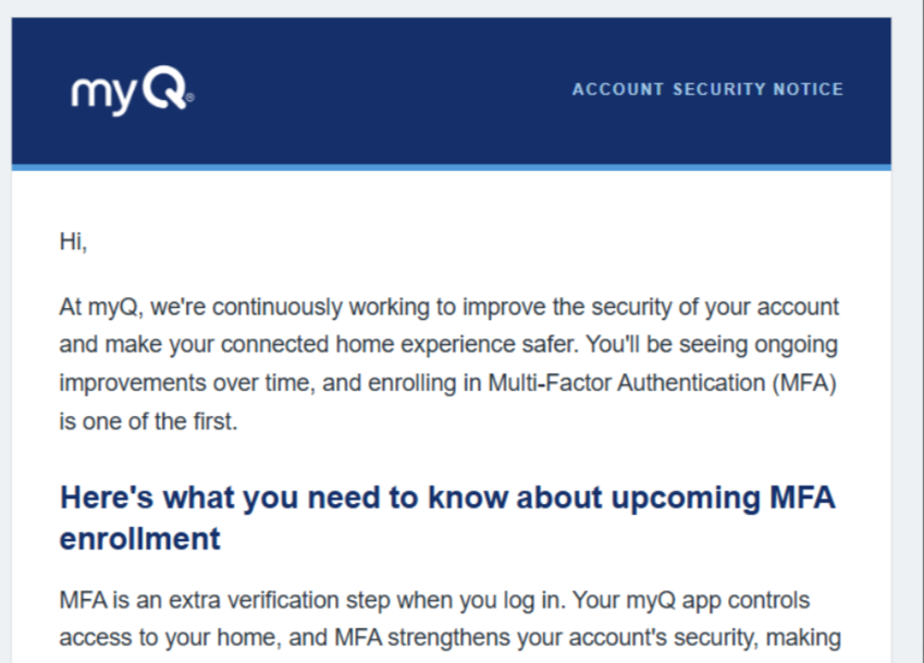 Sample Two-Step Verification setup email from myQ Notification