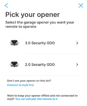 app screenshot: pick your opener to pair remote